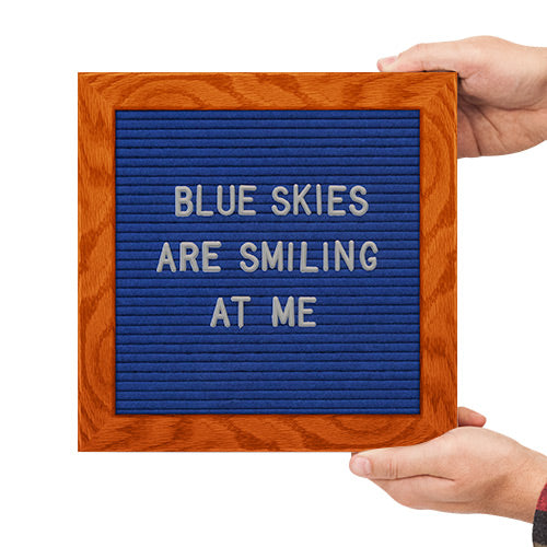 10x10 Wood Framed Blue Felt Letter Board | Shown with Cherry Finish and Optional Yellow Letters