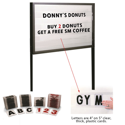 FREESTANDING Enclosed HEAVY DUTY 84x60 Reader Board is SINGLE SIDED with 300 characters included. Easily slide them in and out to update your message with Optional LED Back-Light Available (2 Posts Included)