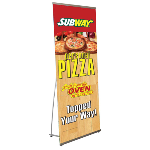 Single-sided L-SHAPED banner stand, stands at 78.75" TALL and is 31.5" WIDE. Perfect for conventions, events, tradeshows, stores, and more.