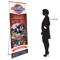 Visual of a 5 foot tall person next to the 6.5' tall banner stand.