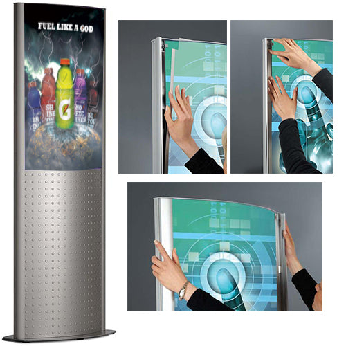Convex double sided 24 by 36 illuminated poster display is easy to install with the SNAP OPEN side rails and the easy to slide in clips. Secure your poster from moving and from minor scratches with the magnetic protective overlay
