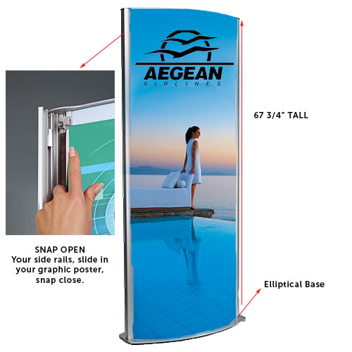 Illuminated curved totem floor stand displays two posters 27 x 77 and stands with an overall height of 77 3/4"