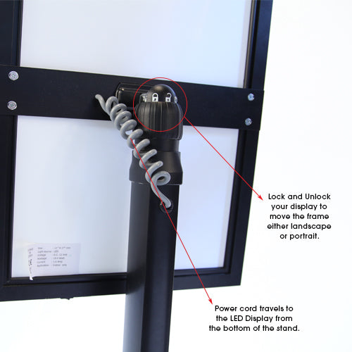Lock and Unlock from behind using the knob to change your orientation either landscape or portrait. This adjustment knob also allows the 18" x 24" Sign Frame to Tilt 0 to 90 degrees for your ideal viewing angle