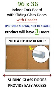 3-Door Bulletin Boards Sliding Glass Doors | Indoor Enclosed Cork Board 96x36 Lighted with Message Header