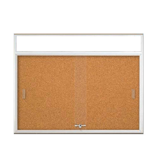 ENCLOSED BULLETIN 84" x 36" CORK BOARD (RADIUS EDGE) WITH SLIDING DOORS & PERSONALIZED HEADER