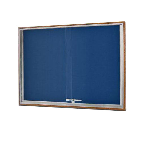 WOOD ENCLOSED BULLETIN BOARD WITH SLIDING DOORS (SHOWN WITH COBALT ACCENT FABRIC)