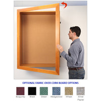LARGE WIDE WOOD CORK SHADOW BOX with LED LIGHTING SWINGFRAME with 4" INTERIOR DEPTH (SHOWN in HONEY MAPLE) CAN HAVE AN OPTIONAL FABRIC PLACED OVER THE BULLETIN BOARD