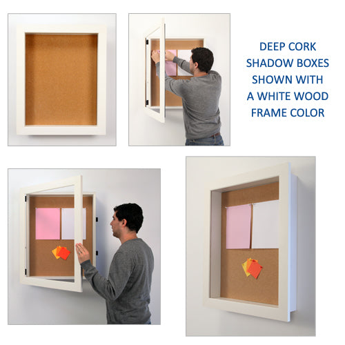 WHITE WOOD FRAMED SHADOW BOX DISPLAY CASES 3" DEEP with LED INTERIOR LIGHTING. | SWING-OPEN WIDE WOOD FRAME WITH OPTIONAL SIDE PLUNGE LOCK & KEY
