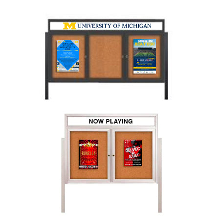 Freestanding Enclosed Outdoor Bulletin Boards with Message Header, Lights | 2-3 Door Locking Display Cases 35+ Sizes