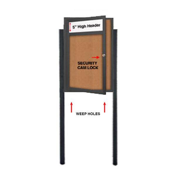 SwingCase Standing 27x41 Lighted Outdoor Bulletin Board Enclosed w Header + Posts (One Door)