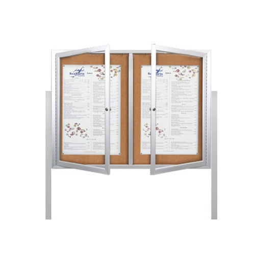 Outdoor Enclosed 60x30 Bulletin Cork Boards with Lights (with Radius Edge & Leg Posts) (2 DOORS)