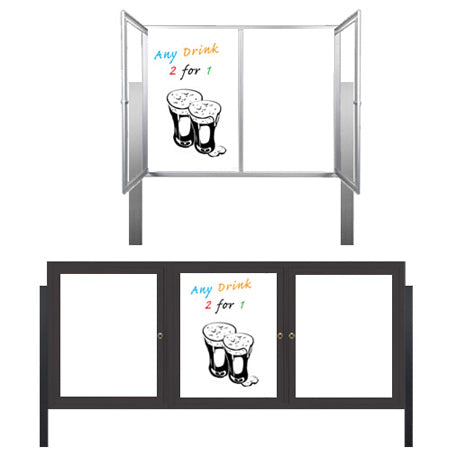 Outdoor Enclosed Dry Erase Marker Board with Posts and Lights (2 and 3 Doors) - White Porcelain Steel