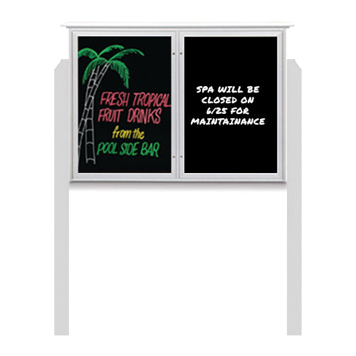 45" x 30" Outdoor Message Center - Double Door Magnetic Black Dry Erase Board with Header and Posts