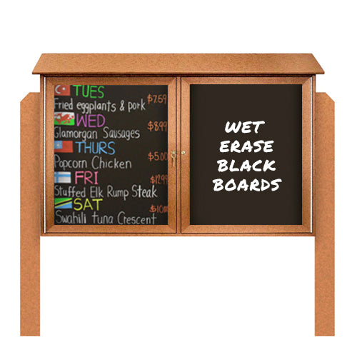 60" x 36" Outdoor Message Center - Double Door Magnetic Black Dry Erase Board with Header and Posts