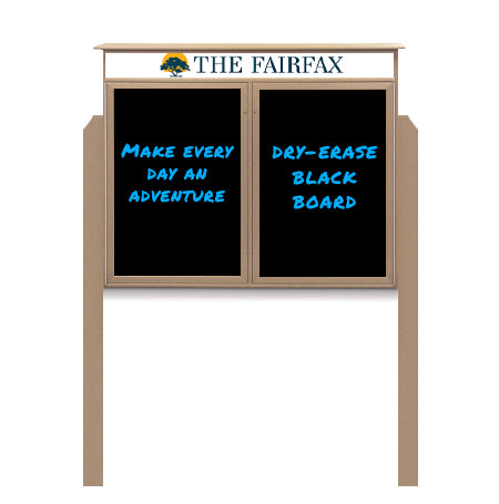 60" x 30" Outdoor Message Center - Double Door Magnetic Black Dry Erase Board with Header and Posts