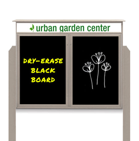 60" x 40" Outdoor Message Center - Double Door Magnetic Black Dry Erase Board with Header and Posts