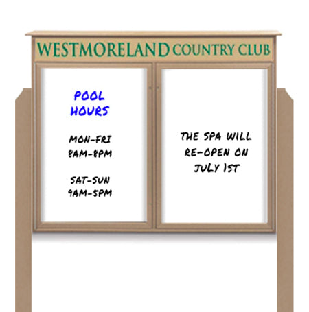 50" x 40" Standing Outdoor Message Center - Double Door Magnetic White Dry Erase Board with Header