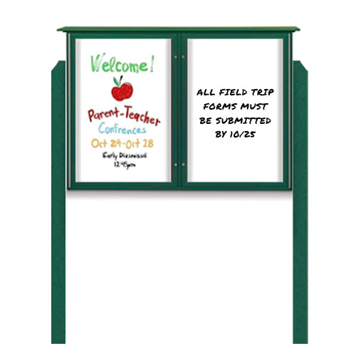 Outdoor Message Center Magnetic White Dry Erase Board - 42" x 32" | Double Door with Posts