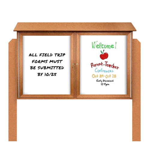 60" x 40" Outdoor Message Center - Double Door Magnetic White Dry Erase Board with Posts