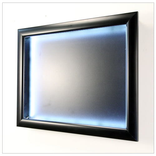 2 INCH DEEP EXTRA LARGE DISPLAY CASE SHADOW BOX (SHOWN in LANDSCAPE) with BLACK INTERIOR. ALL 4 INTERIOR SIDES HAVE LED STRIP LIGHTING INSTALLED.
