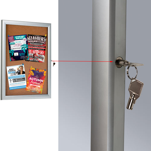 Lockable Bulletin Boards has (1) Side Lock and Key to keep the enclosed bulletin board secure from poster damage, thief, dust, and other indoor minor conditions.