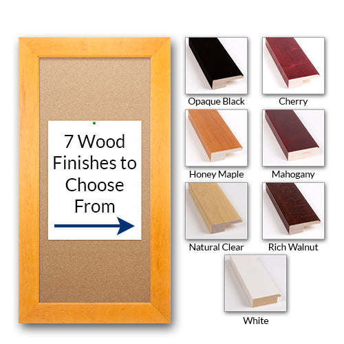 Access Cork Board™ Bold Wide-Wood Frame 24x96 Cork Board 2 3/4" Wide Flat Face Frame Profile in 7 Wood Stain Finishes