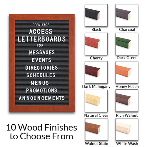 24x24 Access Letterboard | Open Face Framed Black Vinyl Letter Board with Traditional Wood Frame Offered in 10 Finishes