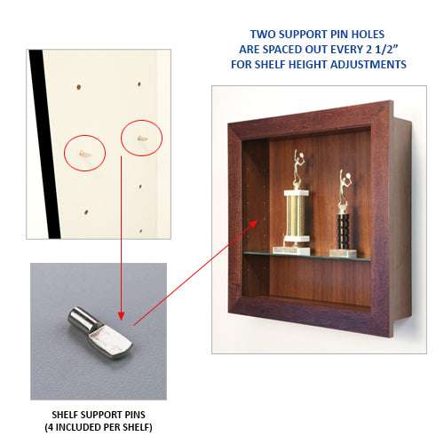WOODEN FRAMED OPEN FACE SHADOW BOX DISPLAY CASES (with 7" INTERIOR DEPTH), SHELF SUPPORT PINS ARE PROVIDED