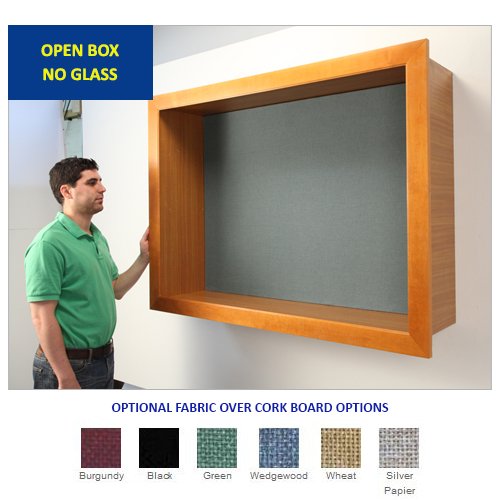 LARGE OPEN FACE WOOD CORK SHADOW BOX with 1" INTERIOR DEPTH (SHOWN in HONEY MAPLE with FABRIC COVERED CORK). AVAILABLE in 6 FABRIC COLORS