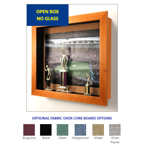 OPEN FACE WOOD CORK SHADOW BOX with 1" INTERIOR DEPTH (SHOWN in HONEY MAPLE). YOU CAN HAVE AN OPTIONAL FABRIC PLACED OVER THE CORK BOARD