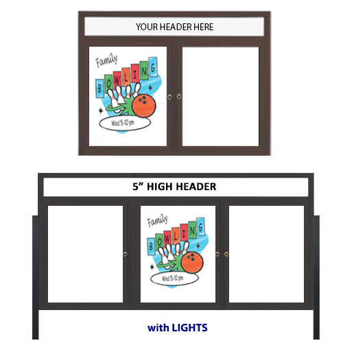 Outdoor Enclosed Dry Erase Marker Board with Posts Header and Lights (2 and 3 Doors) - White Porcelain Steel