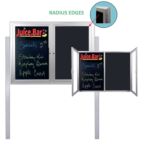 Outdoor Enclosed Dry Erase Markerboard with Posts and Radius Edge (2 and 3 Doors) - Black Porcelain Steel