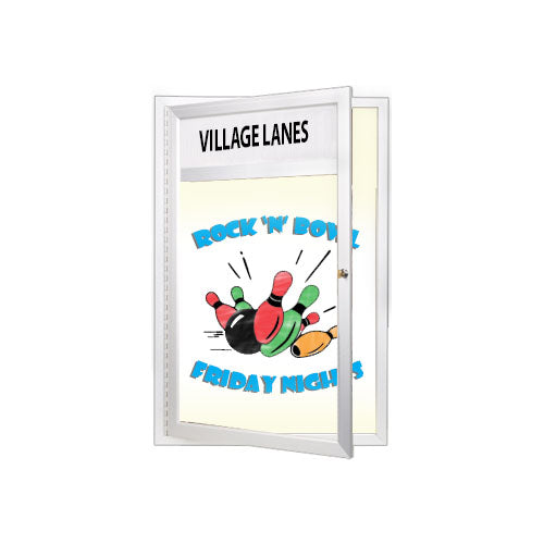 Outdoor Enclosed Dry Erase Markerboard with Header and LED Lights - White Porcelain Steel
