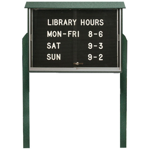 60" x 24" OUTDOOR MESSAGE CENTER LETTER BOARD WITH SLIDING DOORS AND POSTS (SHOWN in WOODLAND GREEN)