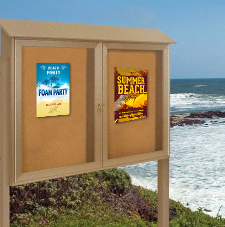 Double Door 60x24 Outdoor Message Center with Enclosed Cork Bulletin Board Standing on Two Leg Posts