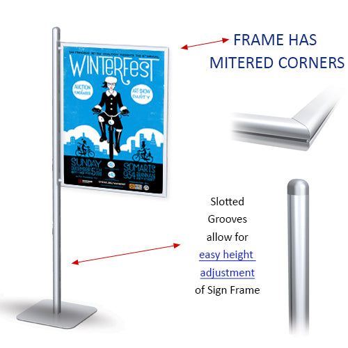 POSTO-STAND 8 Foot Floor Stand has slotted grooves to make easy height adjustments of the offset 24x36 Slide-In Frame