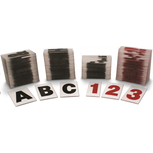300+ Character set (Varies by Size) comes in Black and Red on Clear, .030 Thick, Plastic Cards