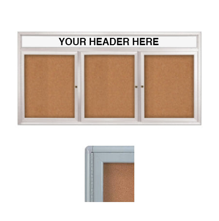 Enclosed Bulletin Board 96 x 30 with Message Header, 3 Door Display Case with Rounded Corners | Cork Board | 4 Metal Cabinet Finishes