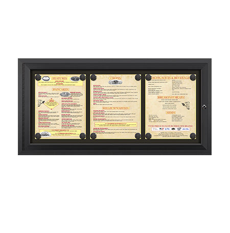 Outdoor Enclosed Magnetic Restaurant Menu Display Case with Lockable Cabinet Holds 11" x 14" Portrait Size Menus - Three ACROSS