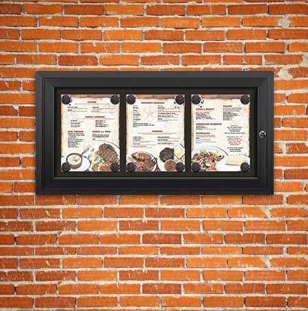 Outdoor Enclosed Magnetic Restaurant Menu Display Case | 8 1/2" x 11" Portrait | Holds Three Portrait Menus ACROSS