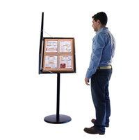 Cork Board Menu Stand Floor Sign Holder with Tilted & Rotating Lockable Frame Displays Up to Four 8.5” x 11” Menus, Signs, or Posters
