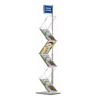 6-TIER Magazine Brochure Stand with Header Panel in Silver Finish