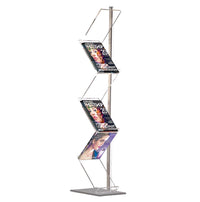 6-TIER Magazine Brochure Stand with Acrylic Shelves in Silver Finish