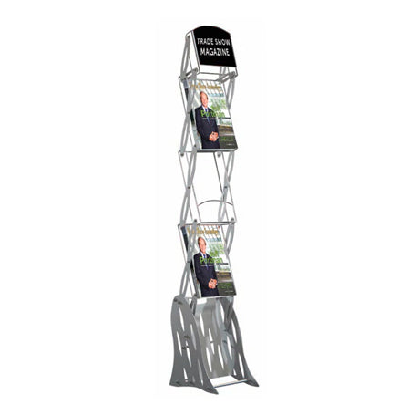 Portable Magazine Brochure Stand with Header in Silver Finish