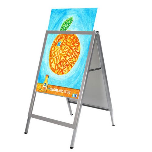 T-Sign Snap Open Aluminum A-Frame Sidewalk Sign, 24 x 36 inch Poster, White Dry Erase Surface, Silver Double Sided Sandwich Boards, Indoor and Outdoor