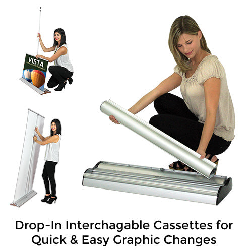 Double Sided Retractable Banner Stand features Drop-In Interchageable Cassettes for Quick and Easy Graphic Changes