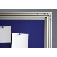 Lockable BLUE Felt Cork Board has mitered corners for a sleek, modern look with an overall depth of 1.41"