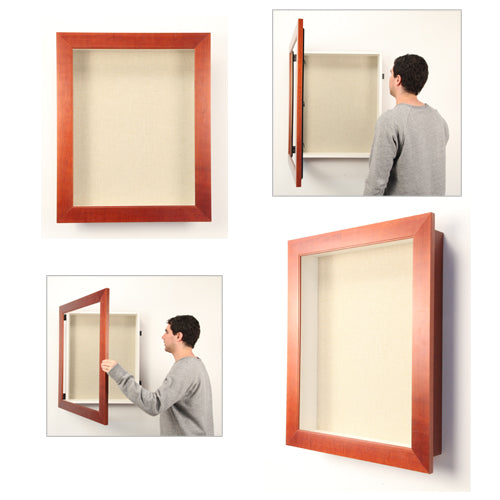 WIDE WOOD ENCLOSED FABRIC BOARD SHADOW BOXES with 3" INTERIOR DEPTH (SHOWN in a CHERRY FINISH with WHEAT FABRIC)