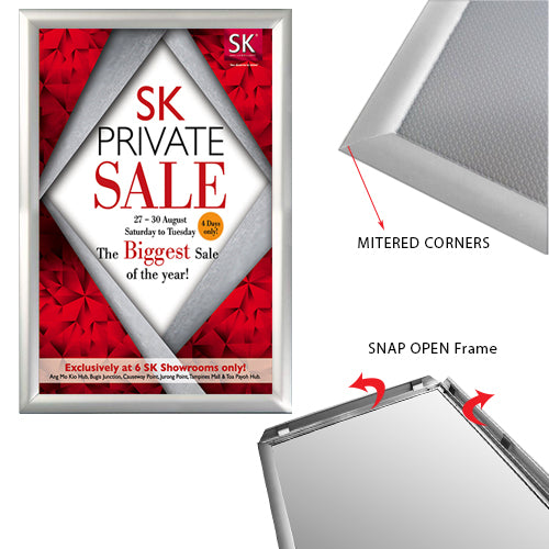 2-Sided Window Mount, Fast Change 11x17 Snap Frame 1" Wide in a Silver Finish