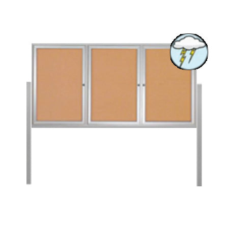 Freestanding 3 Door Outdoor Enclosed Bulletin Board 96x24 with Posts